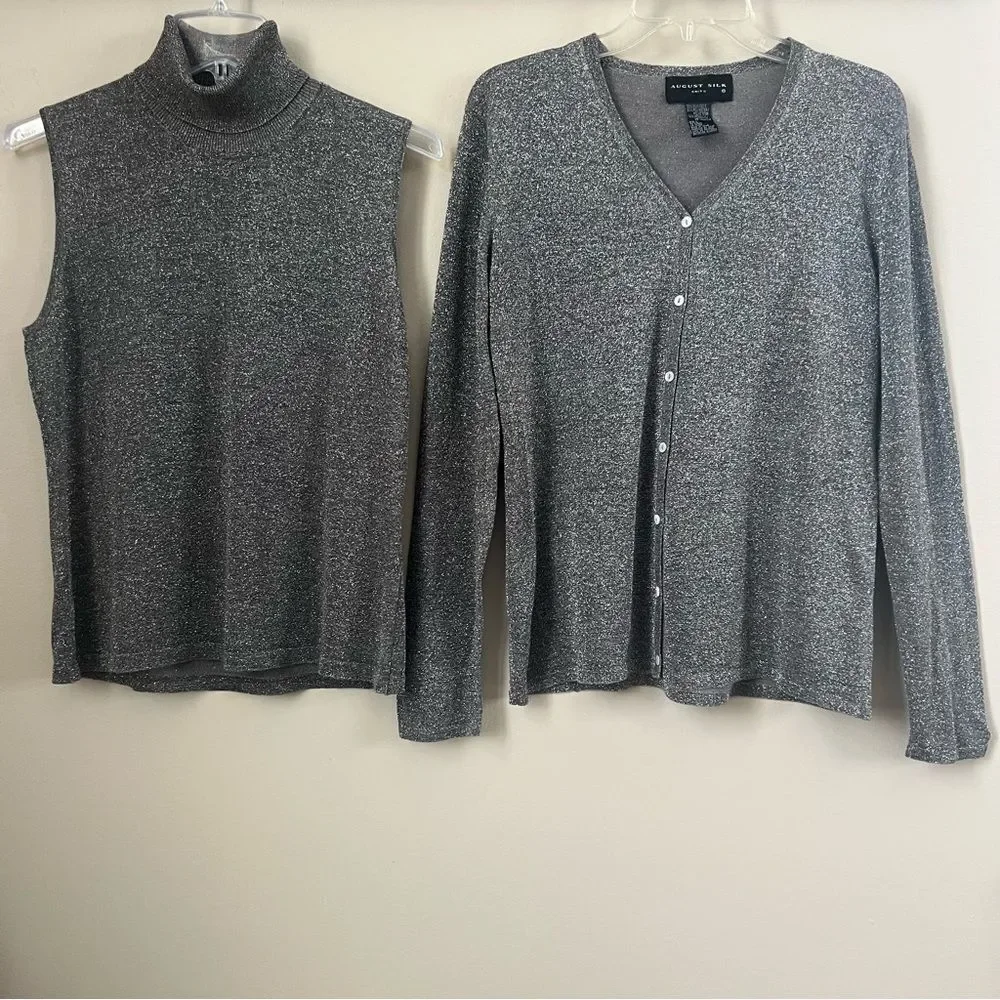 August Silk Shimmering Metallic Silver Knit Cardigan & Turtleneck Twinset SZ L - Picture 3 of 15